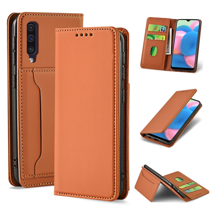 

For Samsung Galaxy A30s Strong Magnetism Liquid Feel Horizontal Flip Leather Case with Holder & Card Slots & Wallet(Brown)