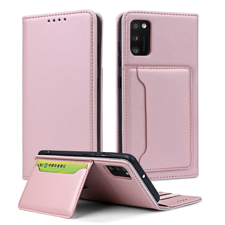 

For Samsung Galaxy A41 Strong Magnetism Liquid Feel Horizontal Flip Leather Case with Holder & Card Slots & Wallet(Rose Gold)
