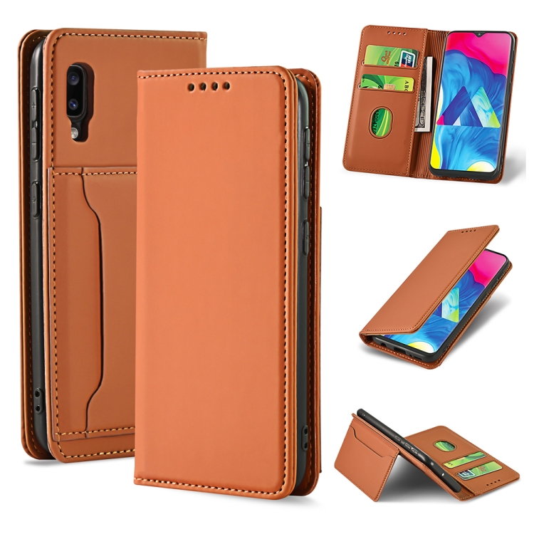 

For Samsung Galaxy M10 Strong Magnetism Liquid Feel Horizontal Flip Leather Case with Holder & Card Slots & Wallet(Brown)