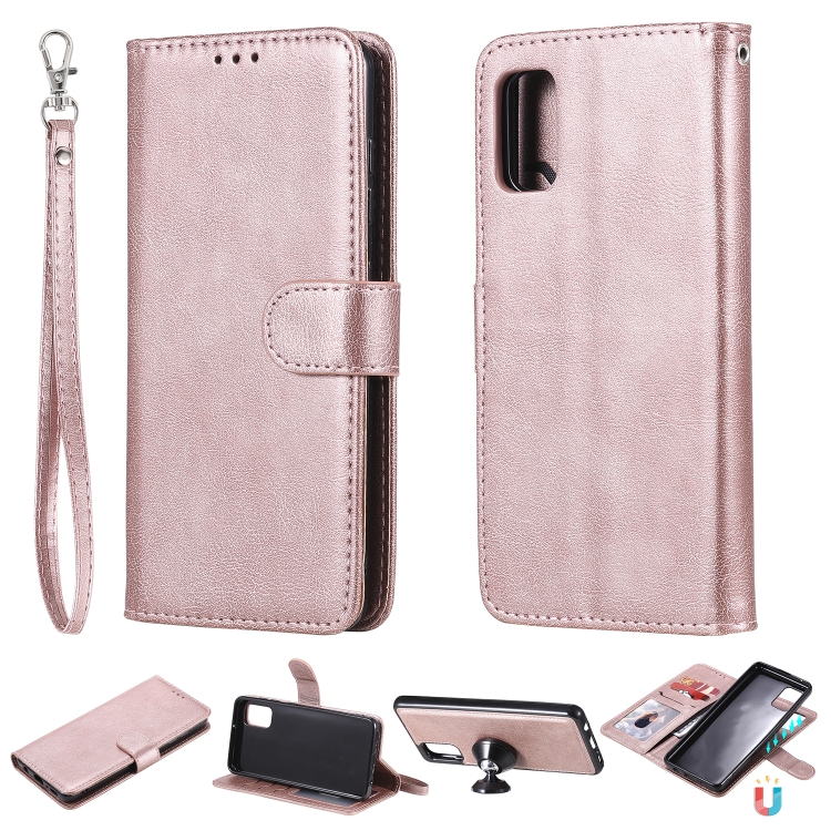 

For Samsung Galaxy A41(EU Version) 2 in 1 Solid Color Detachable PU Leather Case with Card Slots & Magnetic Holder & Photo Frame & Wallet & Strap(Rose Gold)