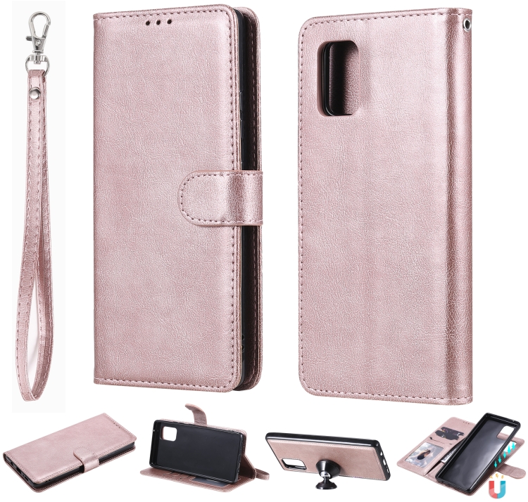 

For Samsung Galaxy A71 5G 2 in 1 Solid Color Detachable PU Leather Case with Card Slots & Magnetic Holder & Photo Frame & Wallet & Strap(Rose Gold)