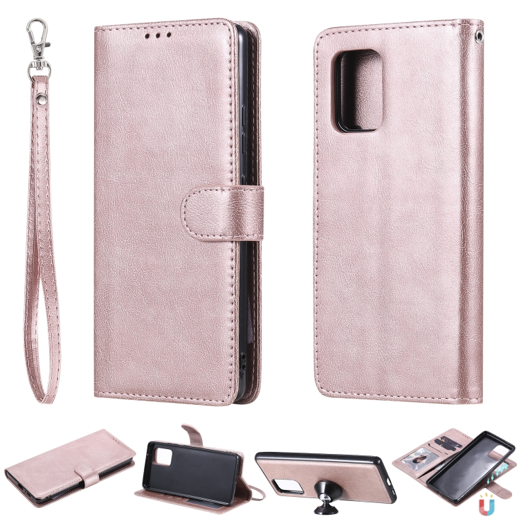 

For Samsung Galaxy A91 / S10 Lite 2 in 1 Solid Color Detachable PU Leather Case with Card Slots & Magnetic Holder & Photo Frame & Wallet & Strap(Rose Gold)