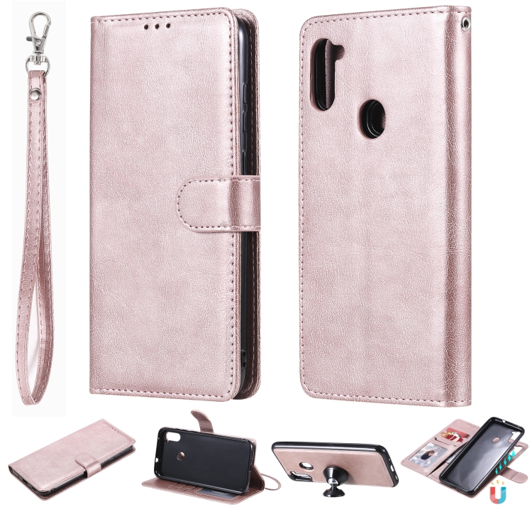 

For Samsung Galaxy M11 / A11 2 in 1 Solid Color Detachable PU Leather Case with Card Slots & Magnetic Holder & Photo Frame & Wallet & Strap(Rose Gold)