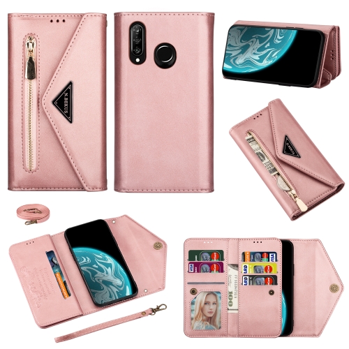 

For Huawei P30 Lite Skin Feel Zipper Horizontal Flip Leather Case with Holder & Card Slots & Photo Frame & Lanyard & Long Rope(Rose Gold)