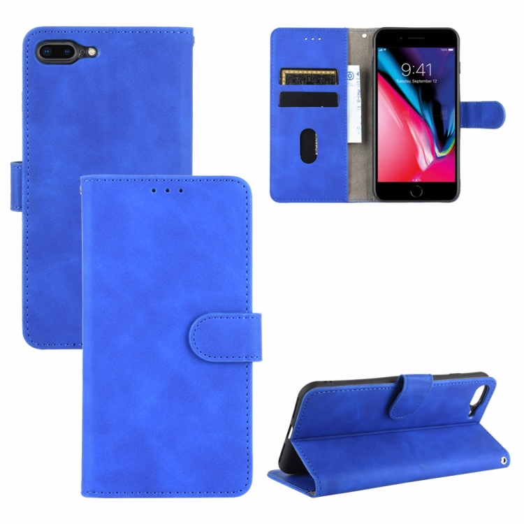 

For iPhone 8 Plus & 7 Plus Solid Color Skin Feel Magnetic Buckle Horizontal Flip Calf Texture PU Leather Case with Holder & Card Slots & Wallet(Blue)