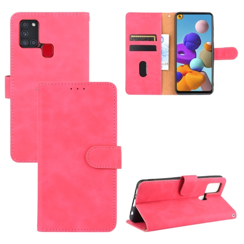 

For Samsung Galaxy A21s Solid Color Skin Feel Magnetic Buckle Horizontal Flip Calf Texture PU Leather Case with Holder & Card Slots & Wallet(Rose Red)