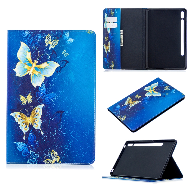 

For Samsung Galaxy Tab S7 T870 Colored Drawing Pattern Horizontal Flip Leather Case with Holder & Card Slots & Wallet(Golden Butterfly)