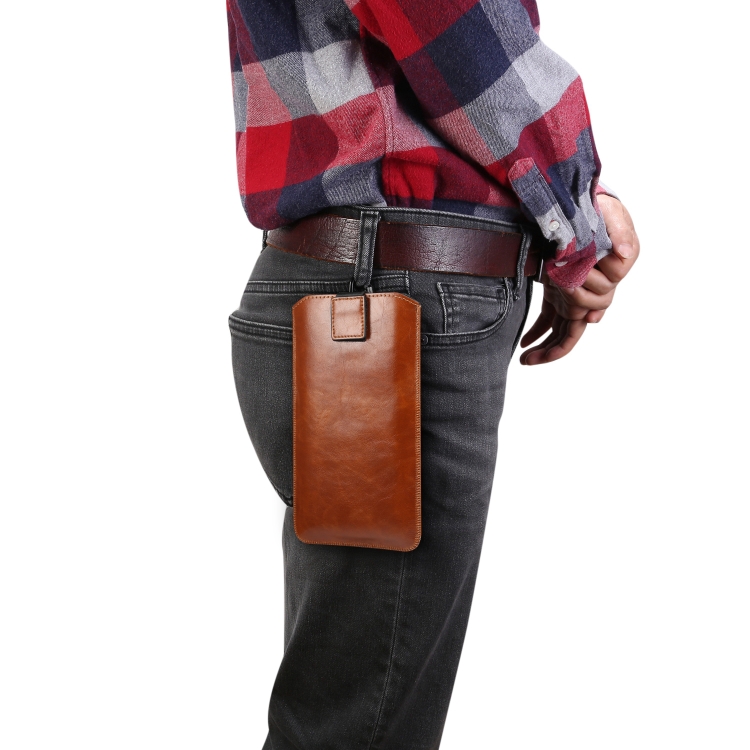 

Ultra-thin Simple Drawstring Horizontal Plate Hanging Waist Phone Waist Pack Leather Case, Suitable for 6.7-6.9 inch Smartphones(Coffee)