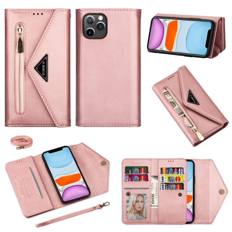 

For iPhone 11 Skin Feel Zipper Horizontal Flip Leather Case with Holder & Card Slots & Photo Frame & Lanyard & Long Rope(Rose Gold)