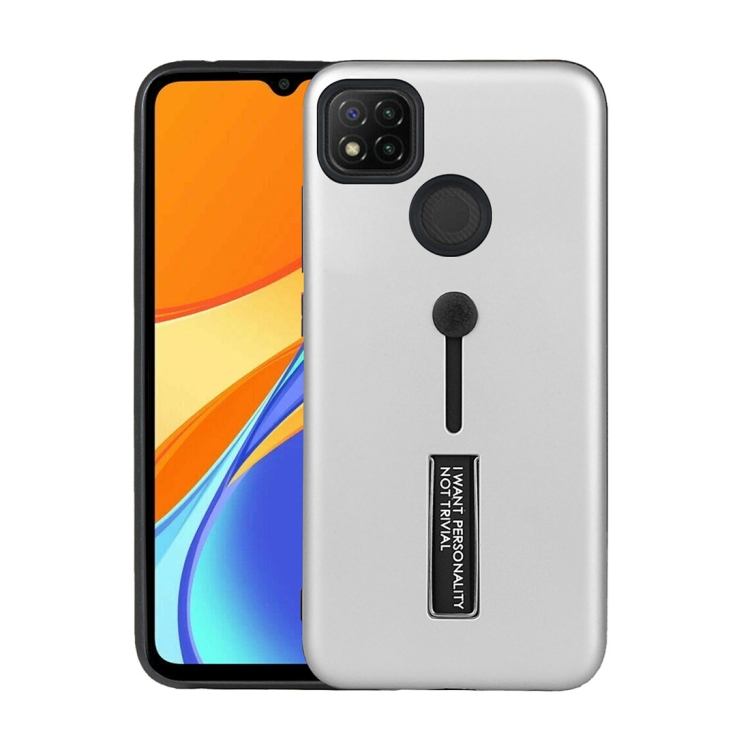 

For Xiaomi Redmi 9C Oil Feel Shockproof TPU + PC Protective Case with Holder(Silver)