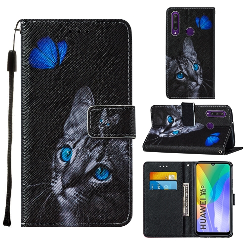 

For Huawei Y6p Cross Texture Painting Pattern Horizontal Flip Leather Case with Holder & Card Slots & Wallet & Lanyard(Blue Butterfly Cat Eye)