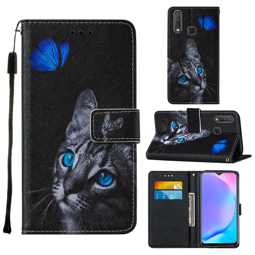 

For Vivo Y17 / Y15 / Y12/ U10 / Y11 / Y3 Cross Texture Painting Pattern Horizontal Flip Leather Case with Holder & Card Slots & Wallet & Lanyard(Blue Butterfly Cat Eye)