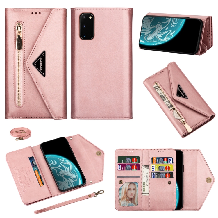 

For Samsung Galaxy S20 Skin Feel Zipper Horizontal Flip Leather Case with Holder & Card Slots & Photo Frame & Lanyard & Long Rope(Rose Gold)