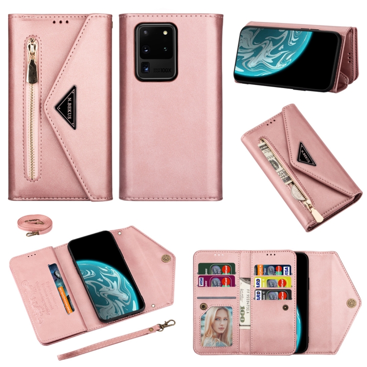 

For Samsung Galaxy S20 Ultra Skin Feel Zipper Horizontal Flip Leather Case with Holder & Card Slots & Photo Frame & Lanyard & Long Rope(Rose Gold)