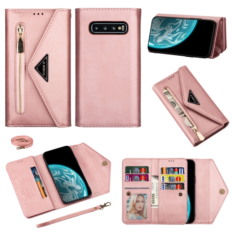 

For Samsung Galaxy S10 Skin Feel Zipper Horizontal Flip Leather Case with Holder & Card Slots & Photo Frame & Lanyard & Long Rope(Rose Gold)
