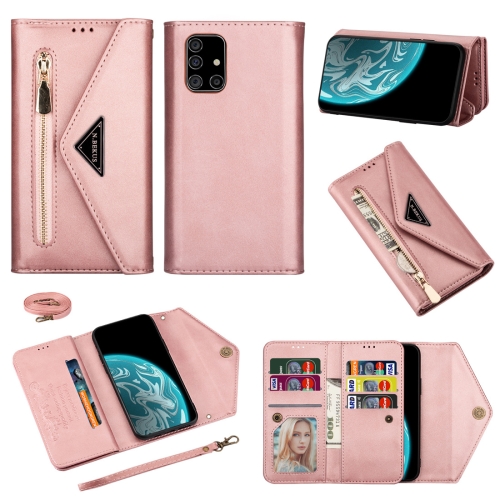 

For Samsung Galaxy A71 Skin Feel Zipper Horizontal Flip Leather Case with Holder & Card Slots & Photo Frame & Lanyard & Long Rope(Rose Gold)