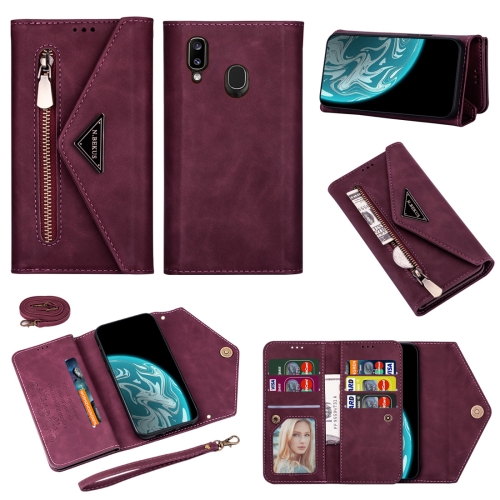 

For Samsung Galaxy A20 / A30 / M10s Skin Feel Zipper Horizontal Flip Leather Case with Holder & Card Slots & Photo Frame & Lanyard & Long Rope(Wine Red)