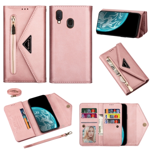 

For Samsung Galaxy A20e / A10e Skin Feel Zipper Horizontal Flip Leather Case with Holder & Card Slots & Photo Frame & Lanyard & Long Rope(Rose Gold)