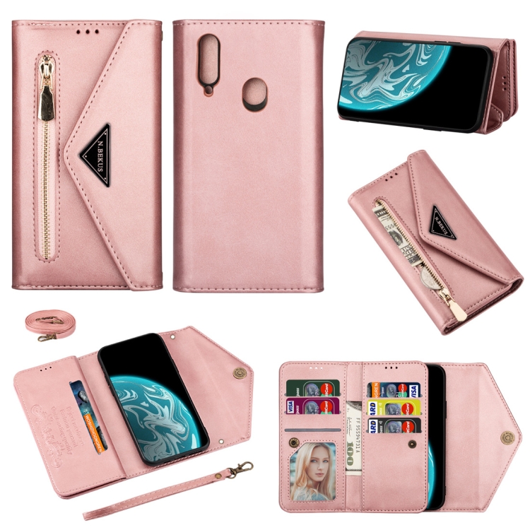 

For Samsung Galaxy A20s Skin Feel Zipper Horizontal Flip Leather Case with Holder & Card Slots & Photo Frame & Lanyard & Long Rope(Rose Gold)