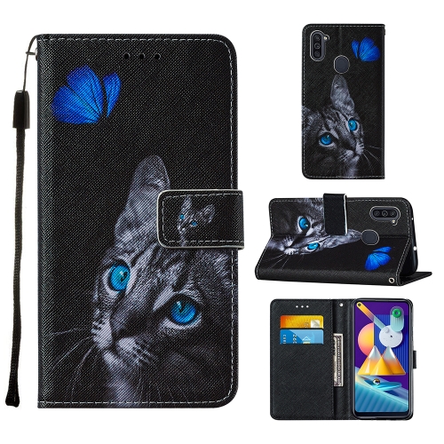 

For Samsung Galaxy A11 / M11 Cross Texture Painting Pattern Horizontal Flip Leather Case with Holder & Card Slots & Wallet & Lanyard(Blue Butterfly Cat Eyes)