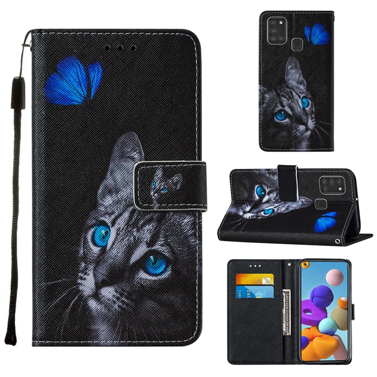 

For Samsung Galaxy A21s Cross Texture Painting Pattern Horizontal Flip Leather Case with Holder & Card Slots & Wallet & Lanyard(Blue Butterfly Cat Eyes)