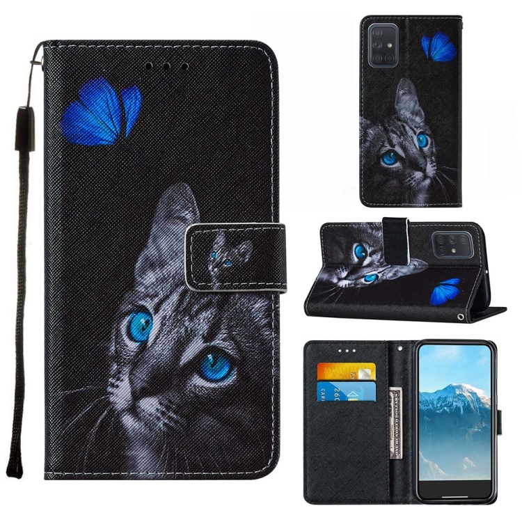 

For Samsung Galaxy A71 Cross Texture Painting Pattern Horizontal Flip Leather Case with Holder & Card Slots & Wallet & Lanyard(Blue Butterfly Cat Eyes)