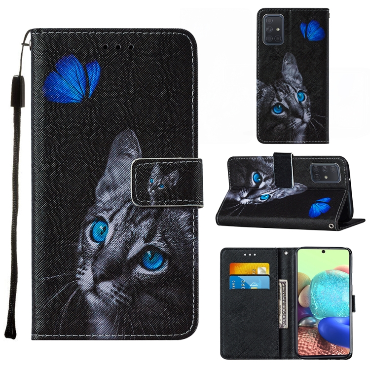 

For Samsung Galaxy A71 5G Cross Texture Painting Pattern Horizontal Flip Leather Case with Holder & Card Slots & Wallet & Lanyard(Blue Butterfly Cat Eyes)