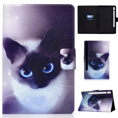 

For Samsung Galaxy Tab S7 T870 Electric Pressed Colored Drawing Horizontal Flip Leather Case with Holder & Card Slots & Sleep / Wake-up function(Blue Eyed Cat)