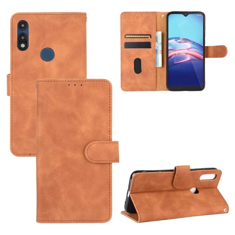 

For Motorola Moto E(2020) Solid Color Skin Feel Magnetic Buckle Horizontal Flip Calf Texture PU Leather Case with Holder & Card Slots & Wallet(Brown)