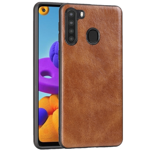 

For Samsung Galaxy A21 Crazy Horse Textured Calfskin PU+PC+TPU Case(Brown)