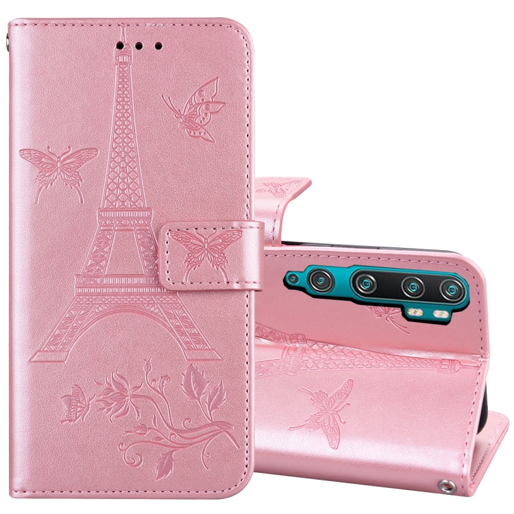 

For Xiaomi Mi Note 10 Embossing Tower Butterflies Pattern Horizontal Flip PU Leather Case with Holder & Card Slot & Wallet(Rose Gold)