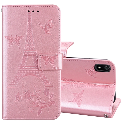 

For Xiaomi Redmi 7A Embossing Tower Butterflies Pattern Horizontal Flip PU Leather Case with Holder & Card Slot & Wallet(Rose Gold)