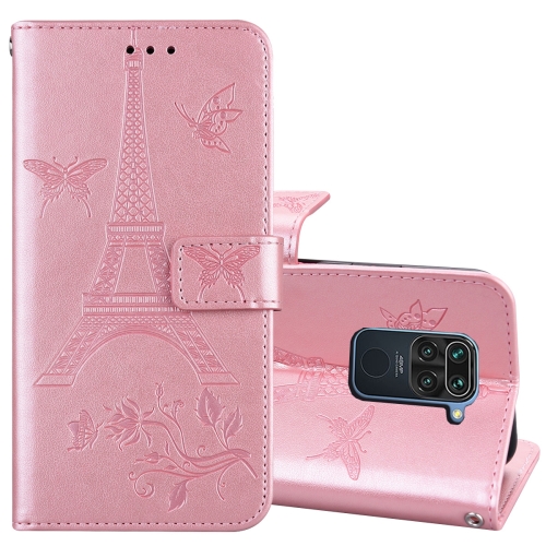 

For Xiaomi Redmi Note 9 Embossing Tower Butterflies Pattern Horizontal Flip PU Leather Case with Holder & Card Slot & Wallet(Rose Gold)