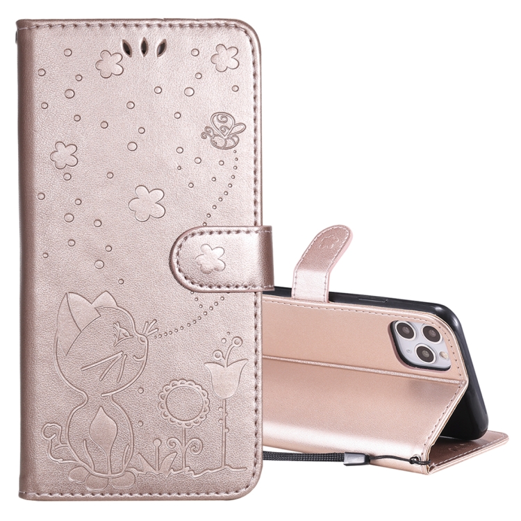 

For iPhone 11 Pro Max Cat Bee Embossing Pattern Shockproof Horizontal Flip Leather Case with Holder & Card Slots & Wallet(Rose Gold)