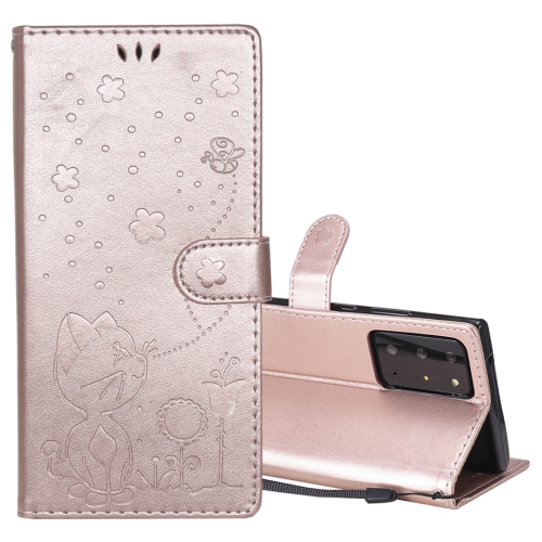 

For Samsung Galaxy Note 20 Ultra Cat Bee Embossing Pattern Shockproof Horizontal Flip Leather Case with Holder & Card Slots & Wallet(Rose Gold)