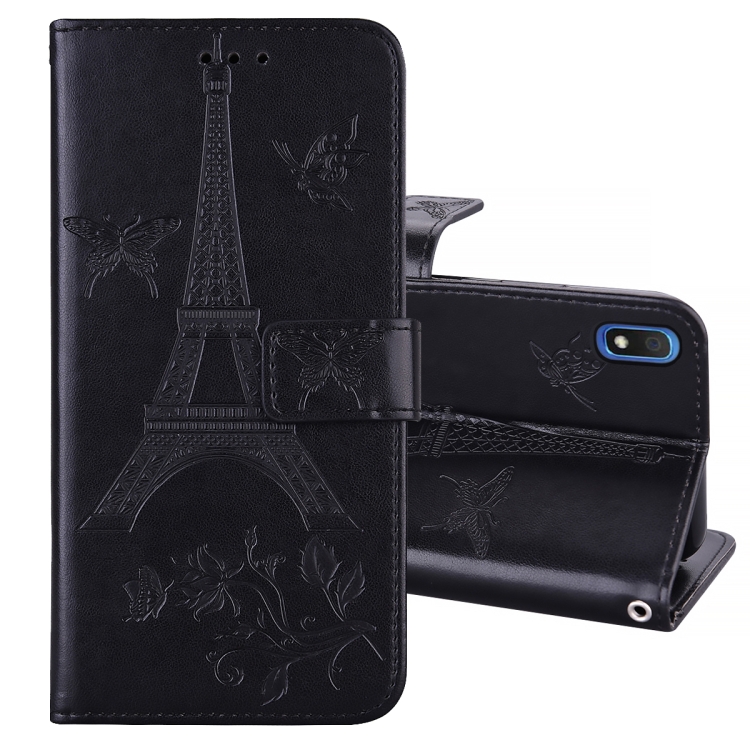 

For Samsung Galaxy A10 Embossing Tower Butterflies Pattern Horizontal Flip PU Leather Case with Holder & Card Slot & Wallet(Black)