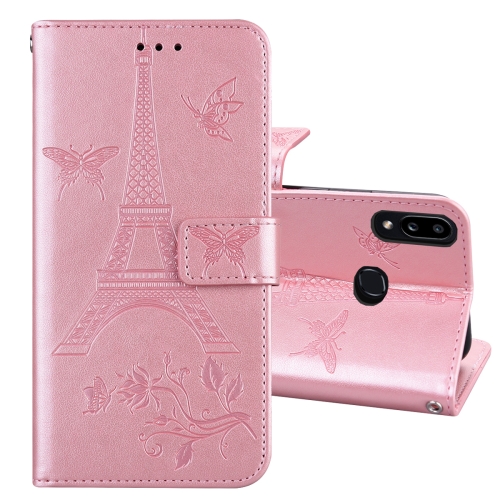 

For Samsung Galaxy A10s Embossing Tower Butterflies Pattern Horizontal Flip PU Leather Case with Holder & Card Slot & Wallet(Rose Gold)