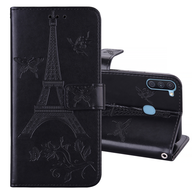 

For Samsung Galaxy A11 Embossing Tower Butterflies Pattern Horizontal Flip PU Leather Case with Holder & Card Slot & Wallet(Black)