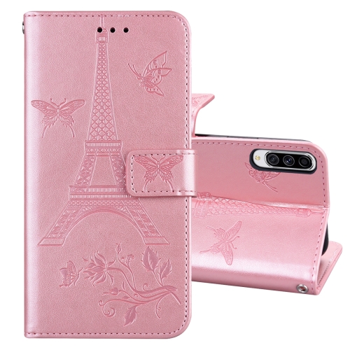 

For Samsung Galaxy A70 Embossing Tower Butterflies Pattern Horizontal Flip PU Leather Case with Holder & Card Slot & Wallet(Rose Gold)