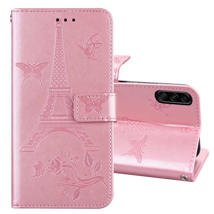 

For Samsung Galaxy A91 Embossing Tower Butterflies Pattern Horizontal Flip PU Leather Case with Holder & Card Slot & Wallet(Rose Gold)