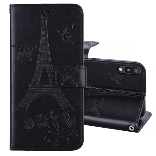 

For Samsung Galaxy M10 Embossing Tower Butterflies Pattern Horizontal Flip PU Leather Case with Holder & Card Slot & Wallet(Black)