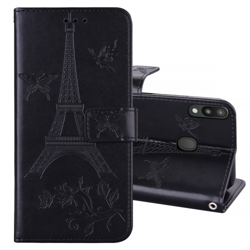 

For Samsung Galaxy M20 Embossing Tower Butterflies Pattern Horizontal Flip PU Leather Case with Holder & Card Slot & Wallet(Black)