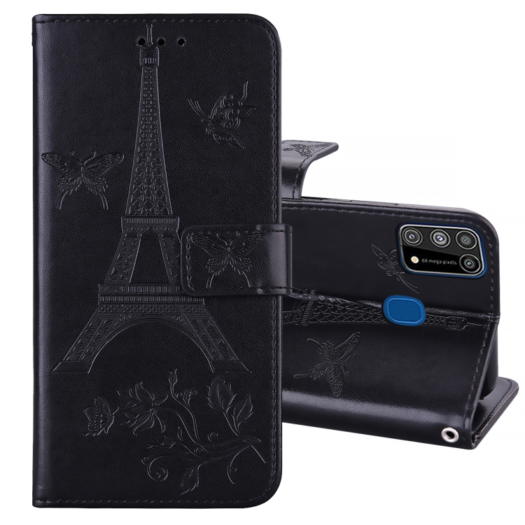 

For Samsung Galaxy M31 Embossing Tower Butterflies Pattern Horizontal Flip PU Leather Case with Holder & Card Slot & Wallet(Black)