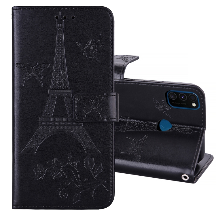 

For Samsung Galaxy M30s Embossing Tower Butterflies Pattern Horizontal Flip PU Leather Case with Holder & Card Slot & Wallet(Black)