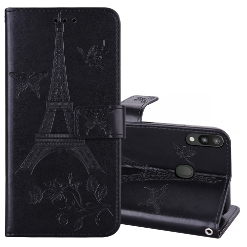 

For Samsung Galaxy A20s Embossing Tower Butterflies Pattern Horizontal Flip PU Leather Case with Holder & Card Slot & Wallet(Black)