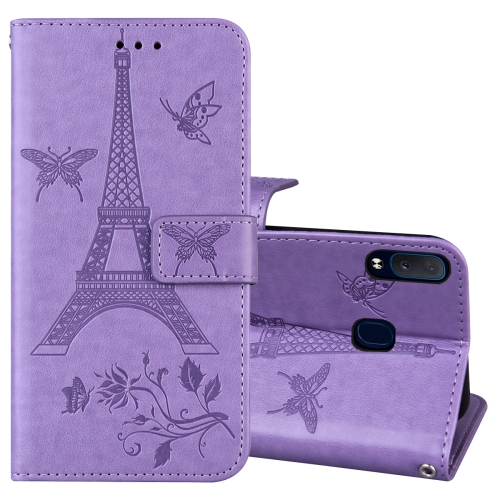 

For Samsung Galaxy A20e Embossing Tower Butterflies Pattern Horizontal Flip PU Leather Case with Holder & Card Slot & Wallet(Purple)