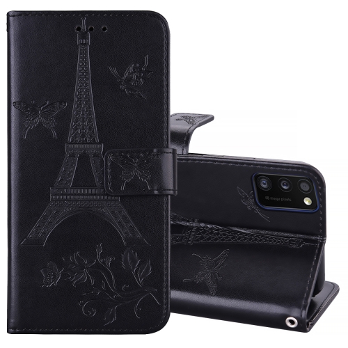 

For Samsung Galaxy A41 Embossing Tower Butterflies Pattern Horizontal Flip PU Leather Case with Holder & Card Slot & Wallet(Black)