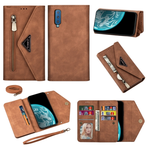 

For Samsung Galaxy A7 (2018) / A750 Skin Feel Zipper Horizontal Flip Leather Case with Holder & Card Slots & Photo Frame & Lanyard & Long Rope(Brown)