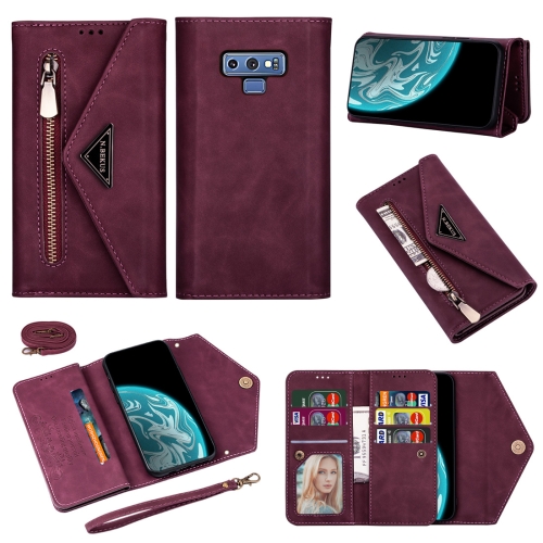 

For Samsung Galaxy Note9 Skin Feel Zipper Horizontal Flip Leather Case with Holder & Card Slots & Photo Frame & Lanyard & Long Rope(Wine Red)