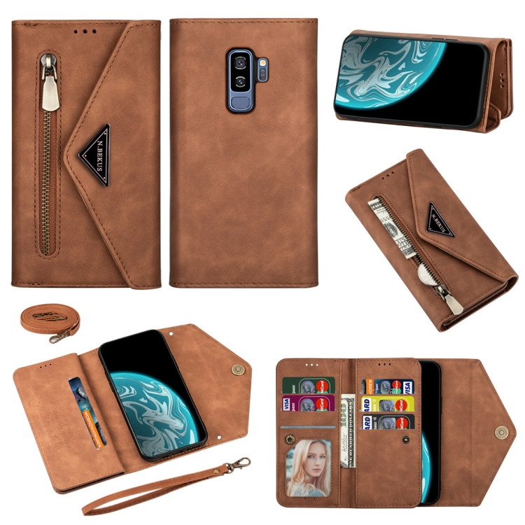 

For Samsung Galaxy S9+ Skin Feel Zipper Horizontal Flip Leather Case with Holder & Card Slots & Photo Frame & Lanyard & Long Rope(Brown)